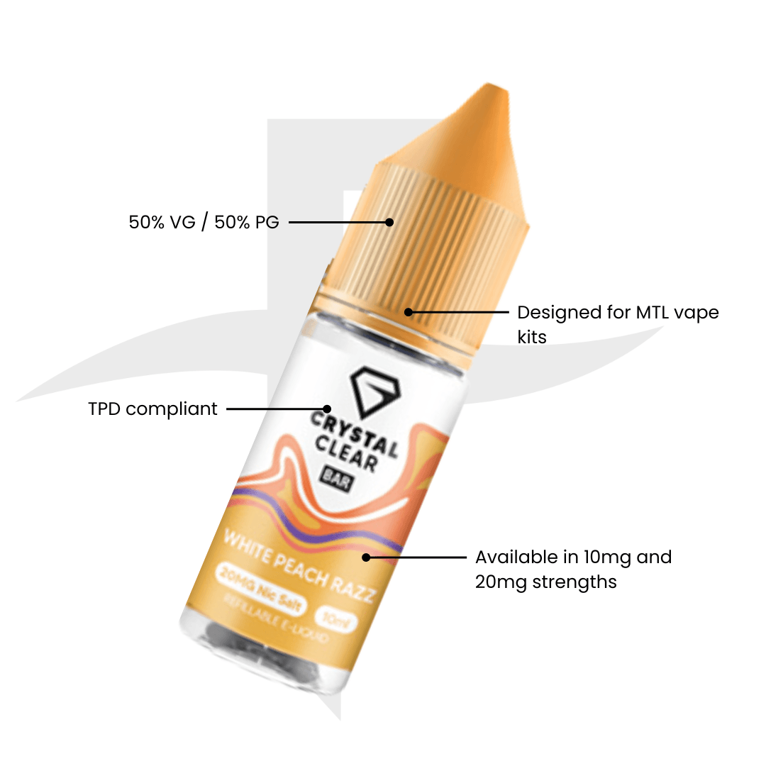 Crystal Clear Bar Nic Salts 10ml - White Peach Razz
